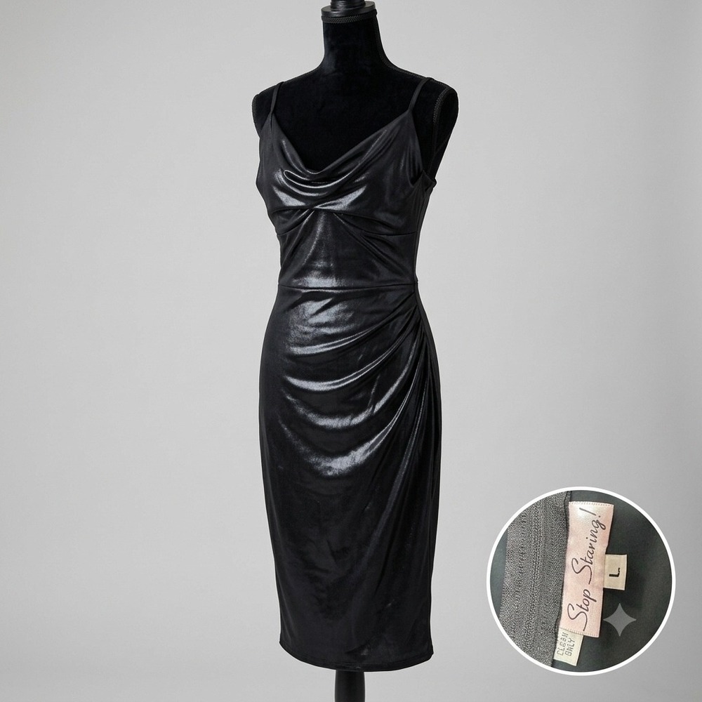 Stop Staring Retro Midi Dress Black Faux Leather Metallic Ruched Wiggle Sz Large